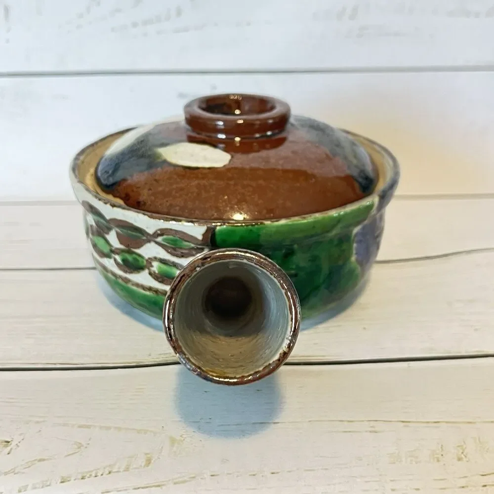 Mexican Lidded Handled Sopera Pottery Bowl Glazed Greens Browns Cream Handmade